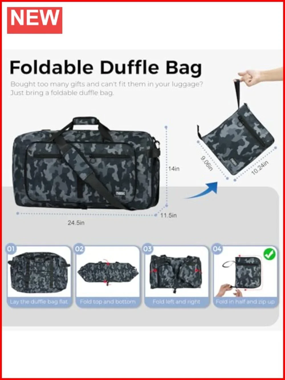 65L Foldable Travel Duffel with Shoes Compartment, Water Repellent